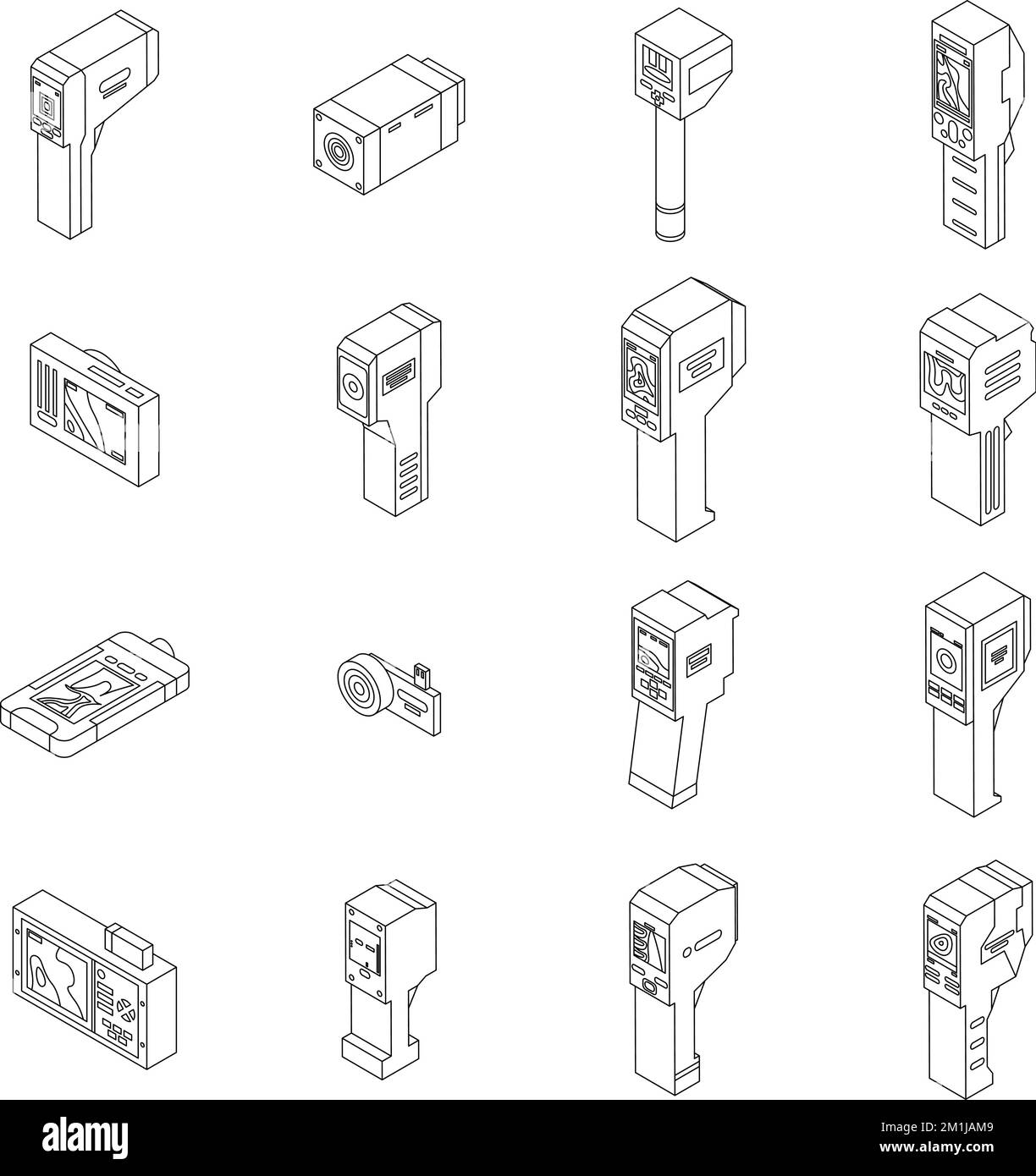 Icônes de la caméra infrarouge définies. L'ensemble isométrique d'icônes vectorielles de la caméra infrarouge est encadré par une collection de lignes fines blanches Illustration de Vecteur
