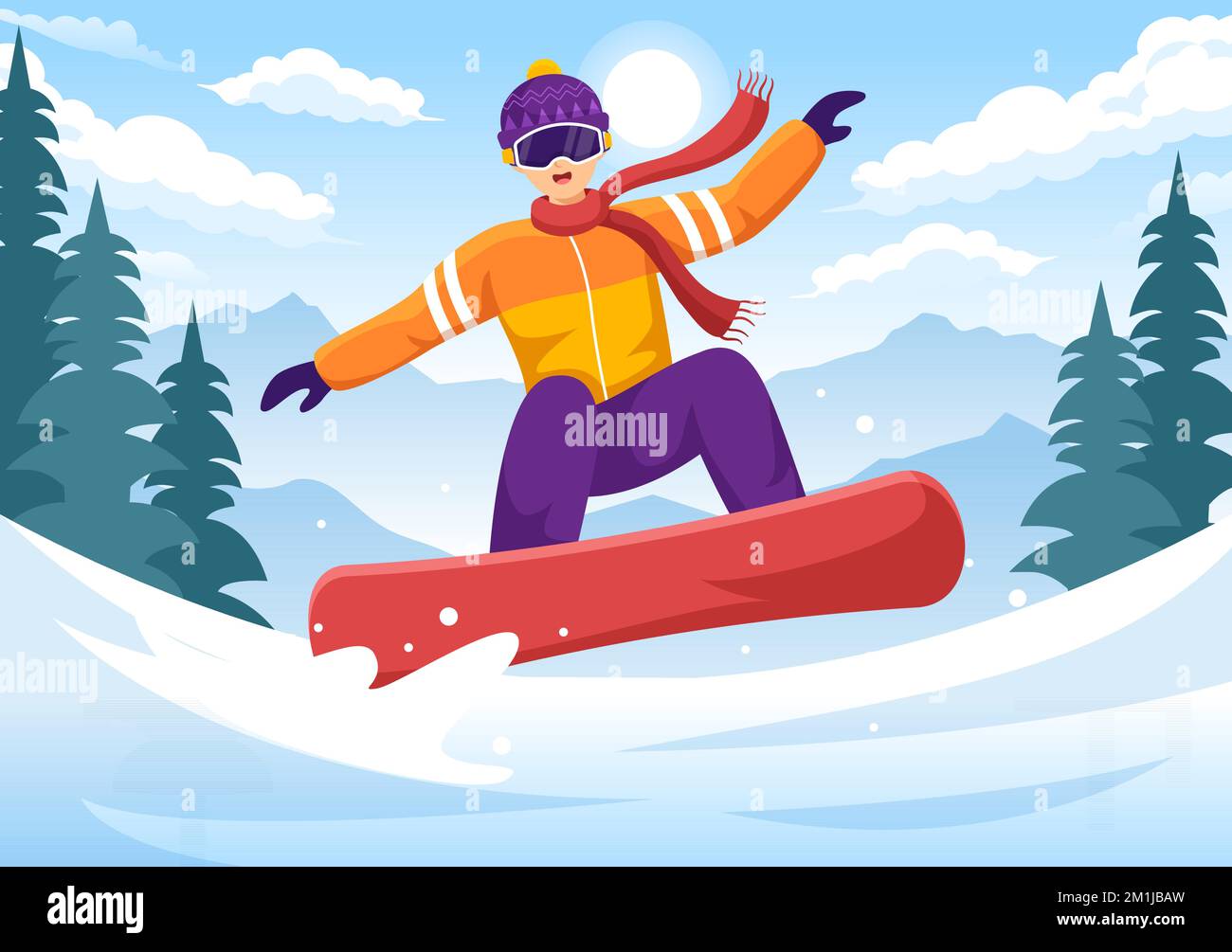 Snowboard avec des personnes qui glissent et sautent sur Snowy Mountain Side ou Slope Inside Flat Cartoon modèles dessinés à la main Illustration Illustration de Vecteur