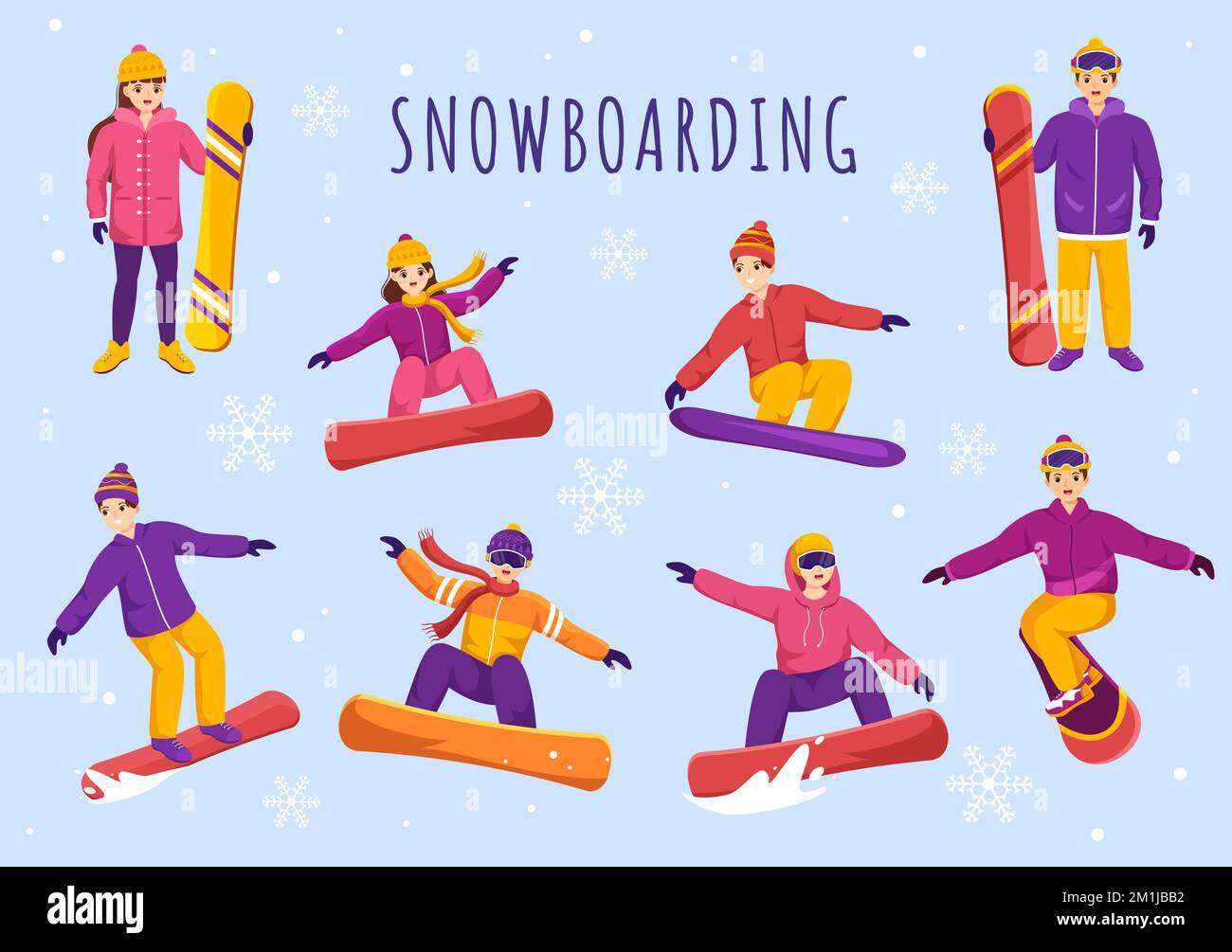 Snowboard avec des personnes qui glissent et sautent sur Snowy Mountain Side ou Slope Inside Flat Cartoon modèles dessinés à la main Illustration Illustration de Vecteur
