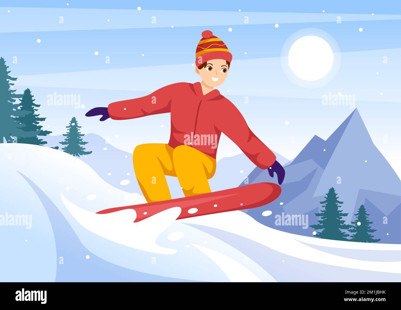 Snowboard avec des personnes qui glissent et sautent sur Snowy Mountain Side ou Slope Inside Flat Cartoon modèles dessinés à la main Illustration Illustration de Vecteur