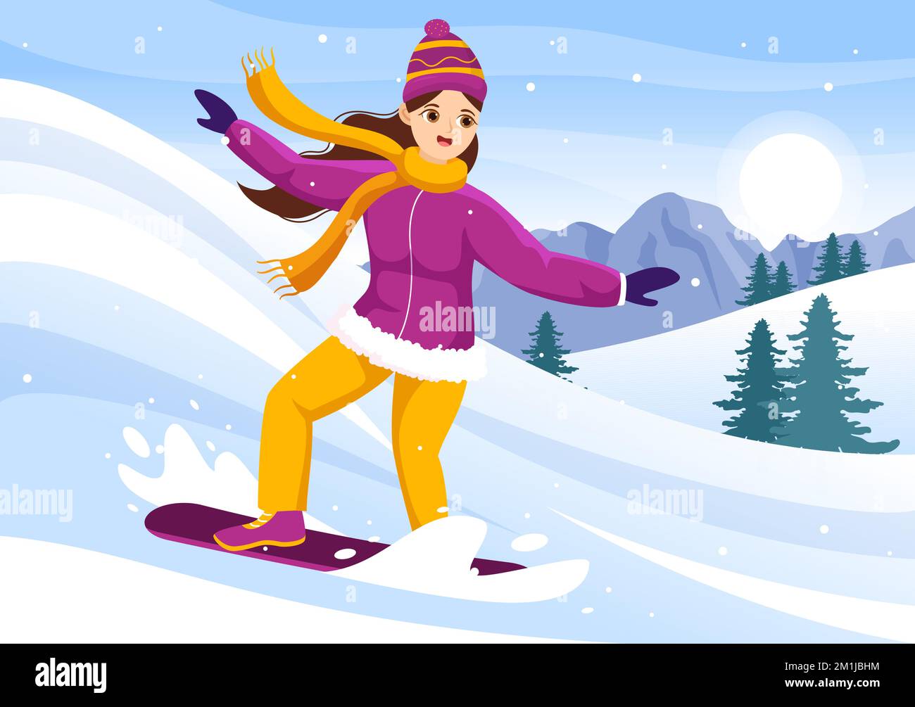 Snowboard avec des personnes qui glissent et sautent sur Snowy Mountain Side ou Slope Inside Flat Cartoon modèles dessinés à la main Illustration Illustration de Vecteur