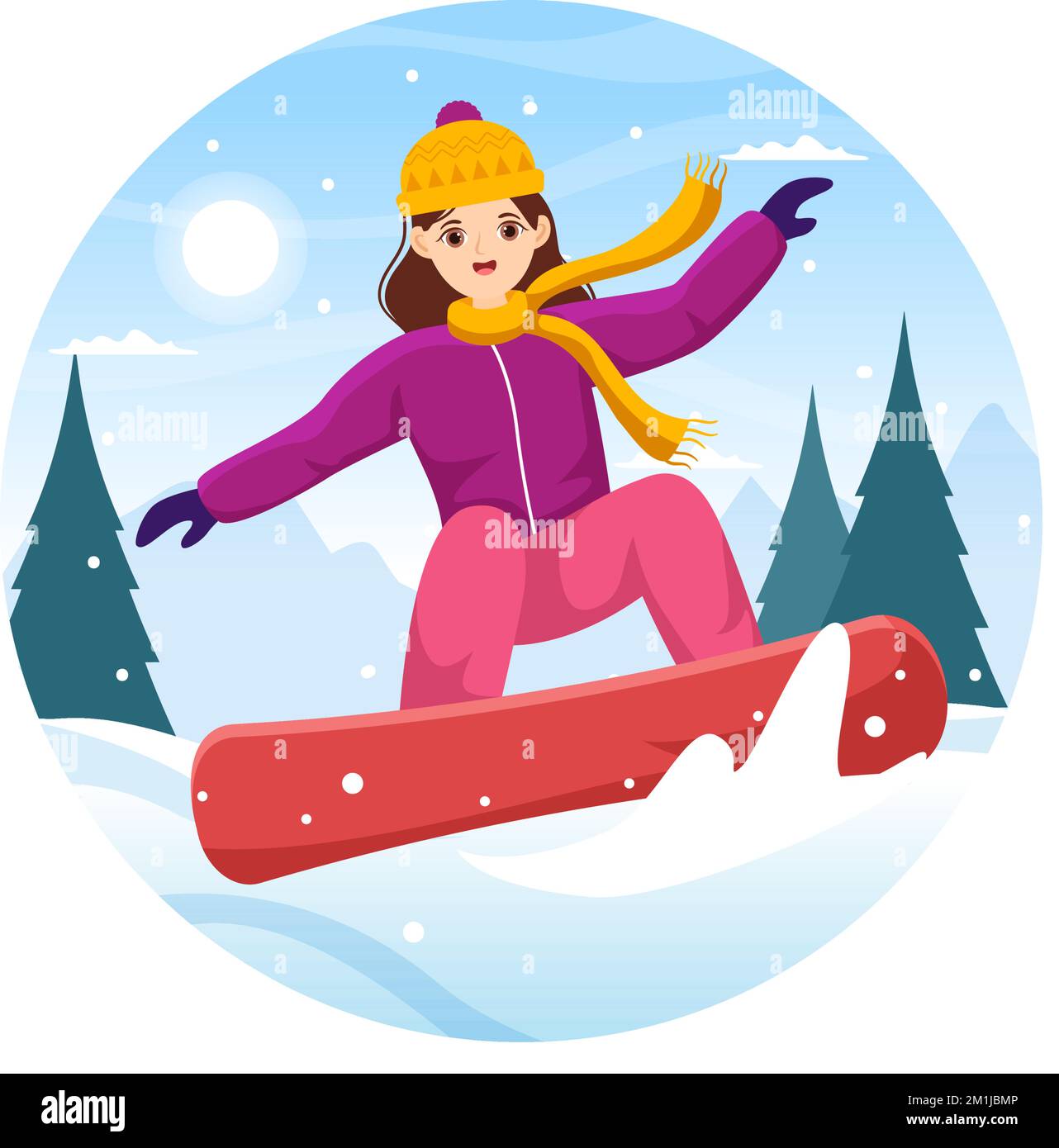 Snowboard avec des personnes qui glissent et sautent sur Snowy Mountain Side ou Slope Inside Flat Cartoon modèles dessinés à la main Illustration Illustration de Vecteur