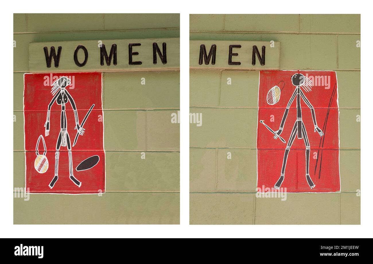 Affiches de toilettes indigènes australiennes pour hommes et femmes autochtones au camp d'Edith Falls dans le parc national de Nitmiluk (Katherine gorge), territoire du Nord, A Banque D'Images
