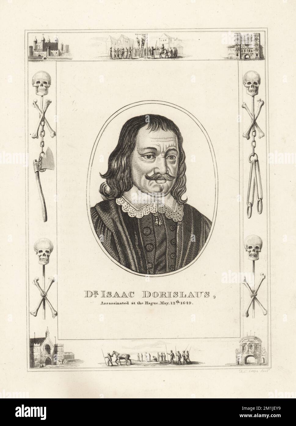 Docteur Isaac Dorislaus, assassiné à la Haye par des royalistes écossais, le 2 mai 1649. Dorislaus était un historien et avocat calviniste néerlandais, le régicide du roi Charles Ier d'Angleterre, de 1595 à 1649. Dans un cadre décoré de vignettes de crâne et d’os croisés, de chaînes et de hache du bourreau, un homme suspendu d’un gibet à Tyburn, un homme condamné sur un traîneau, la Tour de Londres, prison de Newgate. Gravure sur plaque de copperplate de Robert Cooper de la haute Cour de justice de James Caulfield, Londres, 1820. Banque D'Images