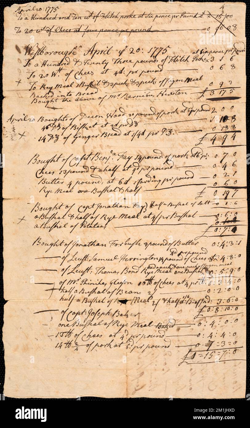 Compte rendu des provisions payées par la ville, 1775 , Etats-Unis, Histoire, Révolution, 1775-1783 Banque D'Images