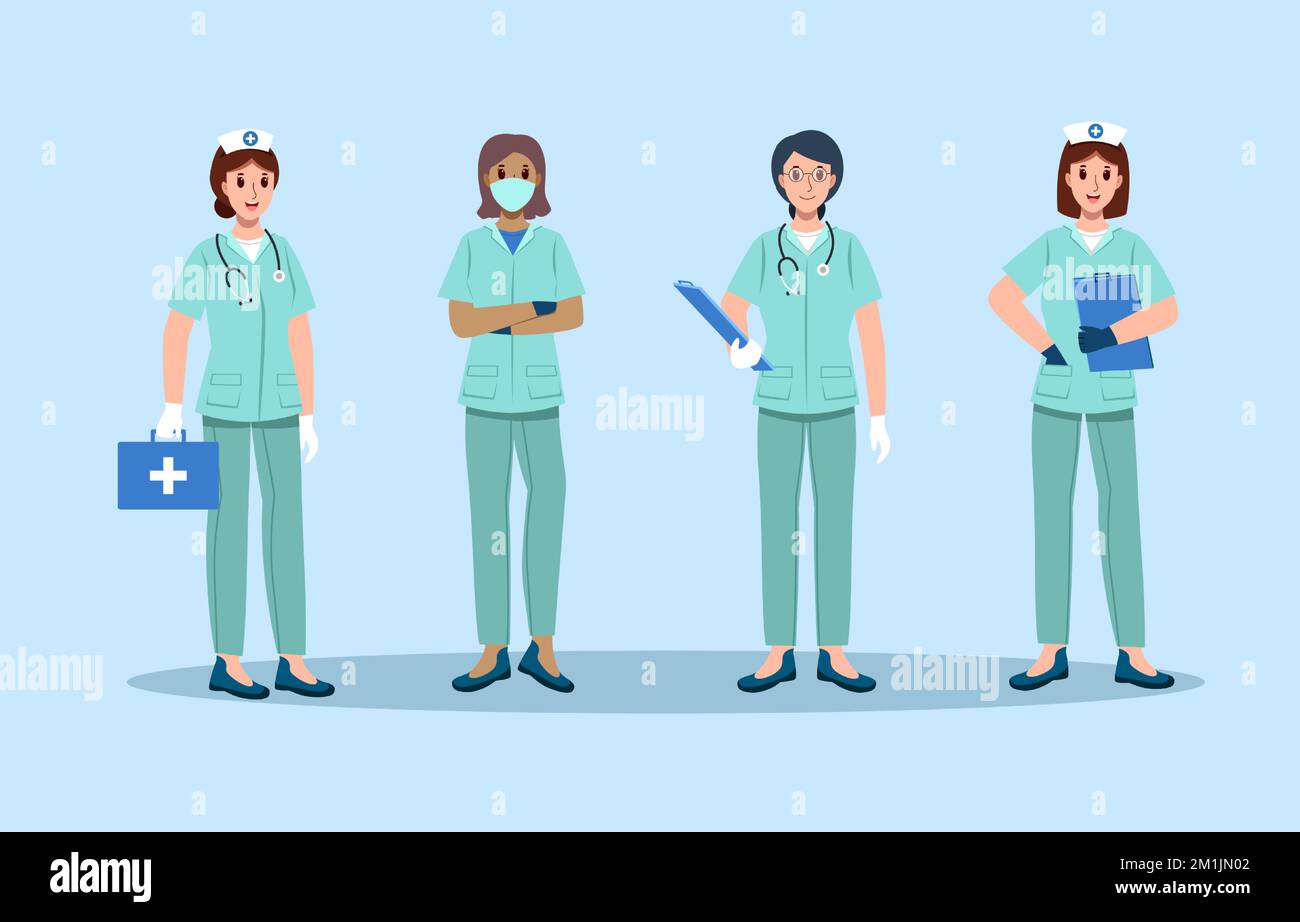 Lady infirmières avec l'uniforme vert tenir le sac médical et le dossier . Dessins animés caractères plat design . Vecteur . Illustration de Vecteur