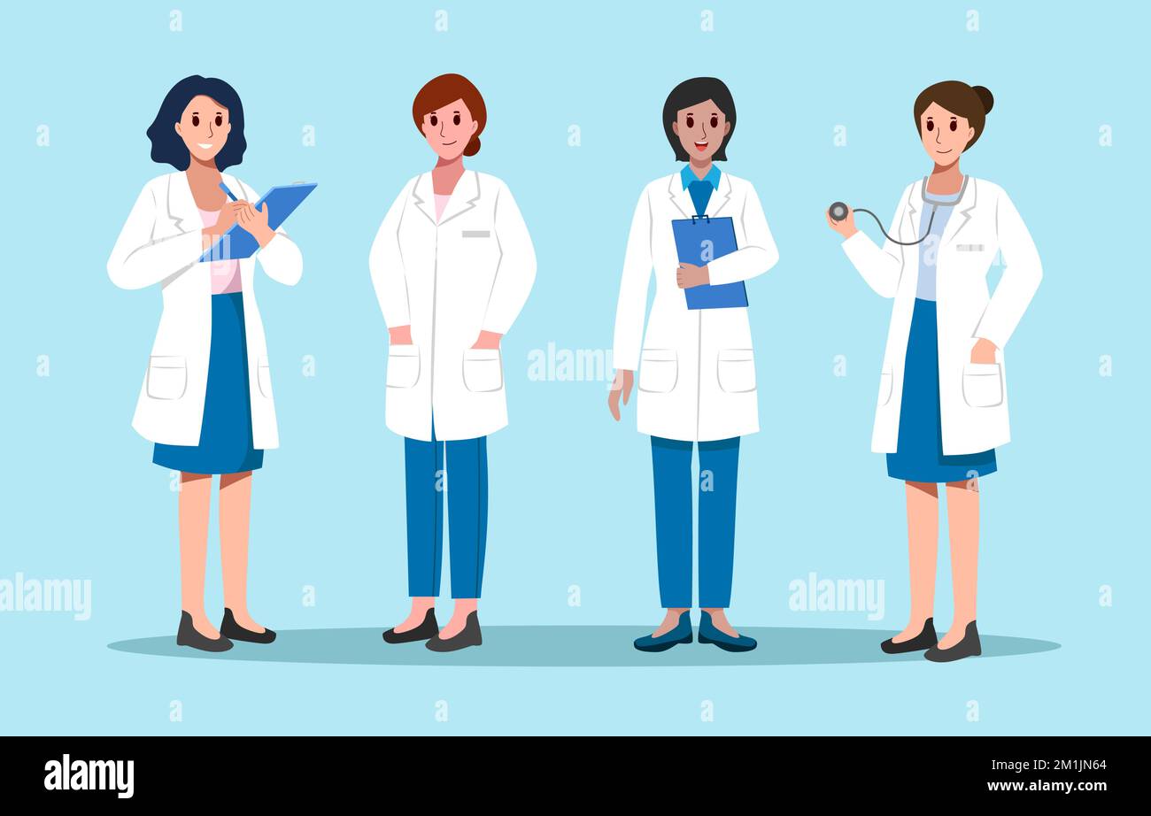 Lady médecin avec le blanc manteau de retenue de carte et stéthoscope . Dessin de personnages de dessin animé . Vecteur . Illustration de Vecteur