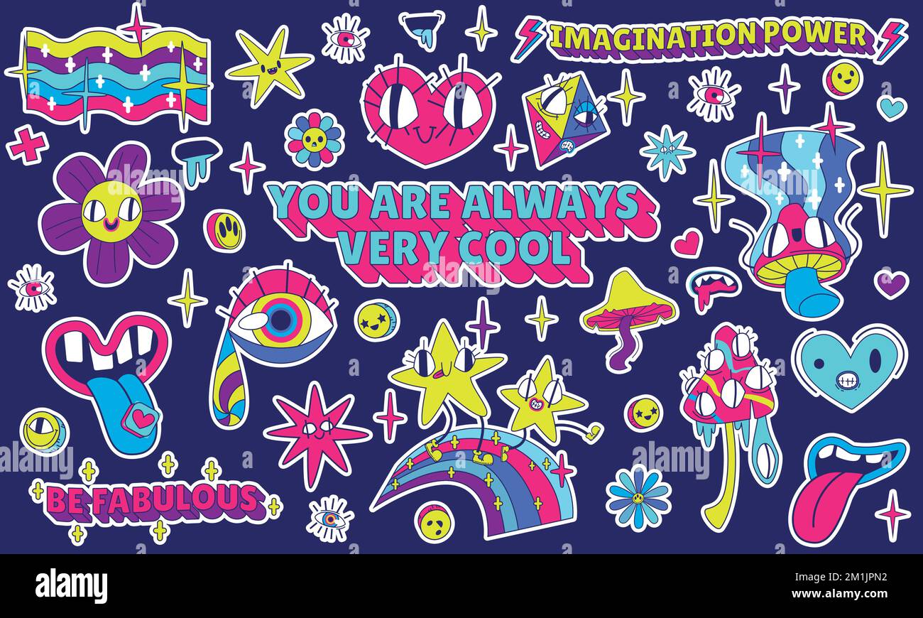 Lot de Y2K autocollants, rave patchs rétro drapeau lgbt, arc-en-ciel, étoile, fleur et coeur. Champignons psychédéliques, bouche avec timbre sur la langue, pleurs yeux avec déchirure et cerf-volant en style tripty, ensemble de vecteurs de dessin animé Illustration de Vecteur