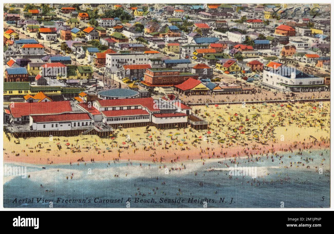 Vue aérienne Carousel et plage de Freeman, Seaside Heights, N. J., plages, villes, Tichnor Brothers Collection, cartes postales des États-Unis Banque D'Images