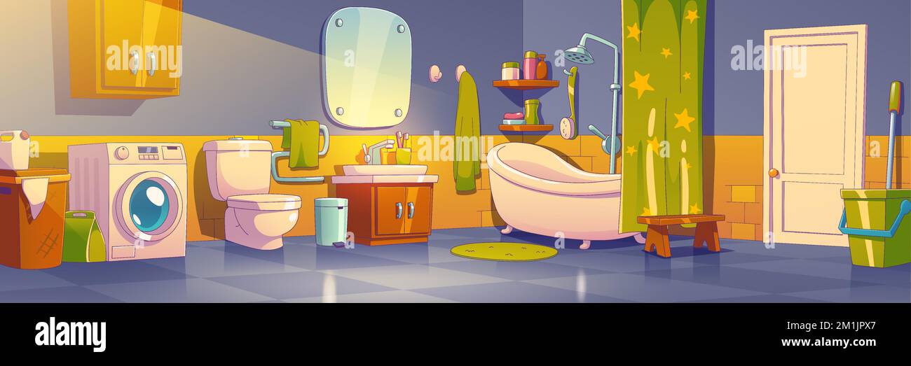 Maison salle de bains intérieur, chambre avec meubles et fournitures de ménage. Toilettes, baignoire avec rideau et étagères, miroir, évier et machine à laver, panier à linge, seau et balai d'exercice Illustration vectorielle Illustration de Vecteur
