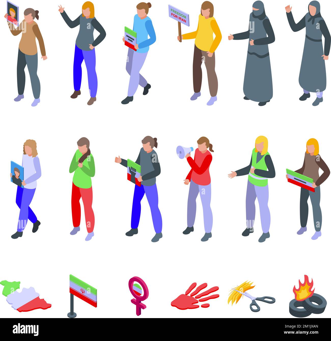 Les icônes des manifestations iraniennes définissent un vecteur isométrique. Cheveux de femme. Drapeau de fille Illustration de Vecteur