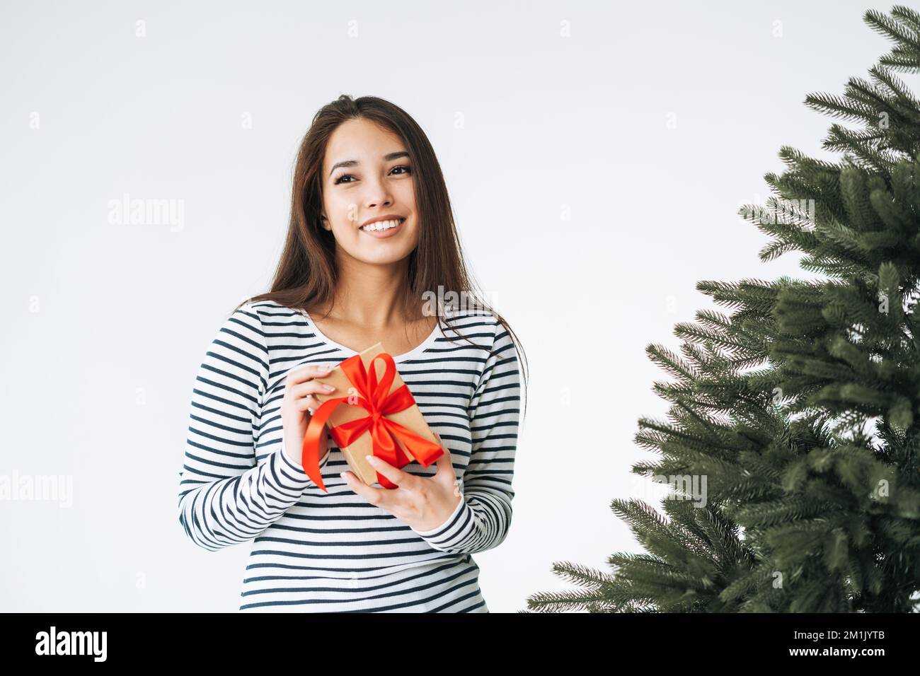 Portrait d'une jeune femme asiatique souriante avec boîte cadeau dans les mains avec arbre de Noël sur fond blanc isolé Banque D'Images