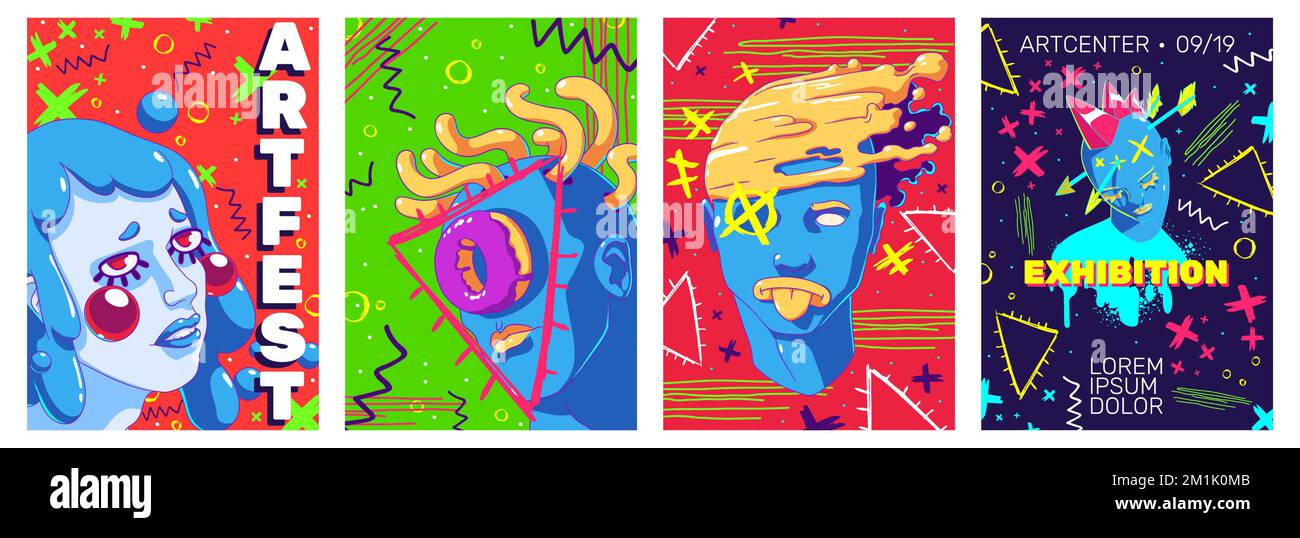 Prospectus d'exposition d'art avec portraits contemporains, abstrait face à l'illustration moderne. Design pour centre d'art ou événement de festival. Graphismes créatifs avec Illustration de Vecteur