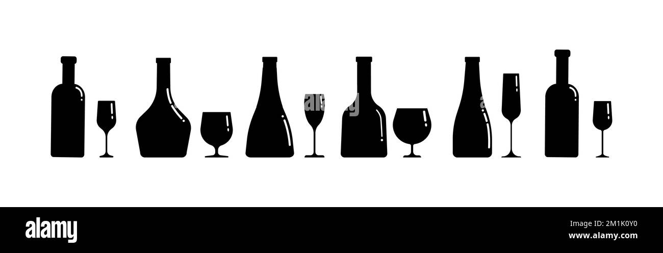 Un ensemble de silhouettes de bouteilles d'alcool et de verres de différentes formes. Bannière horizontale. Le clip art vectoriel s'isole sur le blanc. Illustration de Vecteur