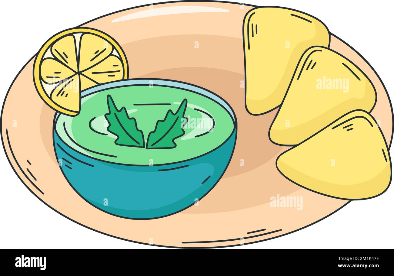 Illustration du vecteur de casse-croûte national mexicain de guacamole. Clip art. De la cuisine latino-américaine Crème froide avec avocat et épices avec nachos Illustration de Vecteur