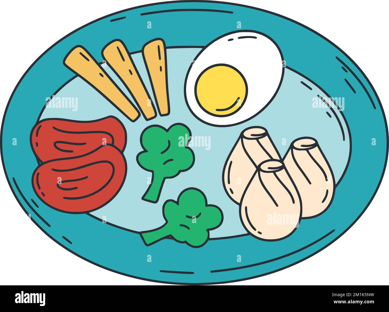Portion déjeuner de dim sum, oeuf, viande et brocoli. Illustration de vecteur alimentaire asiatique traditionnel. Ensemble d'ingrédients de cuisine chinoise Illustration de Vecteur