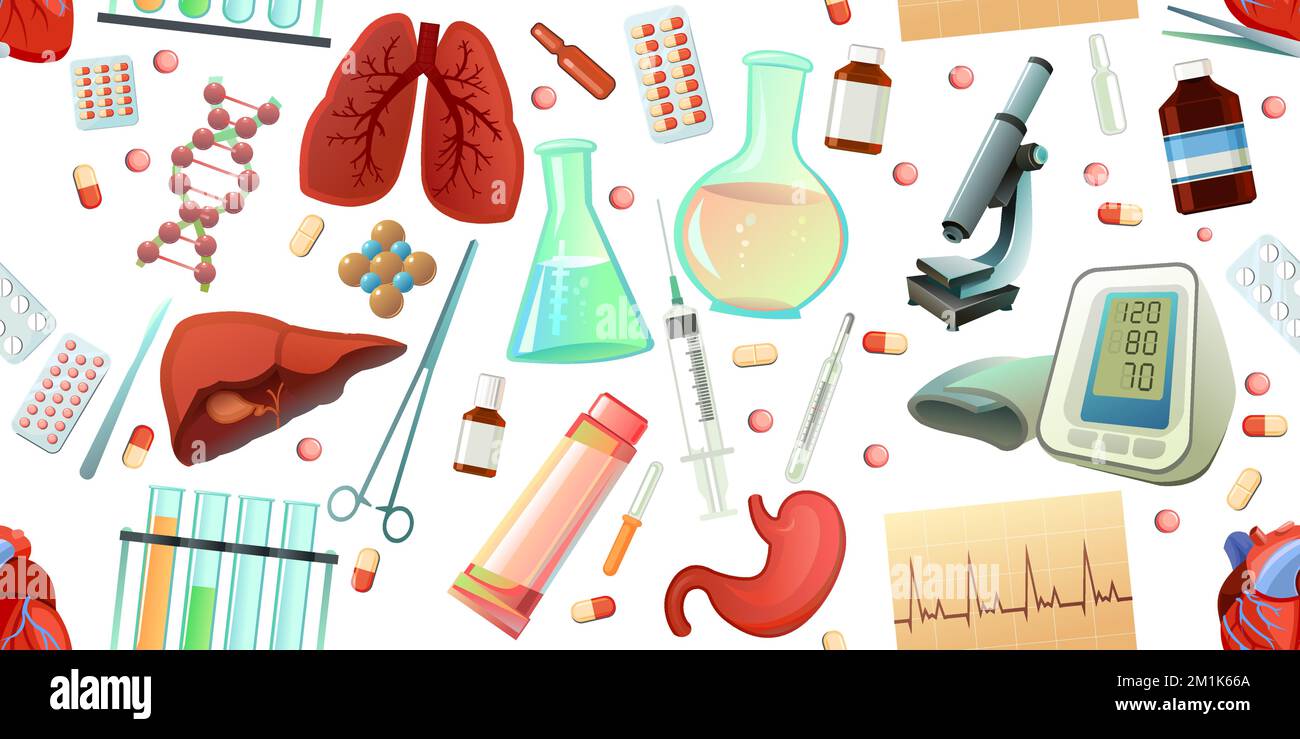 Médicaments et articles de traitement modèle sans couture. Style de dessin animé. Sujets d'étude. Équipement et organes internes humains pour le traitement. Isolé sur blanc Illustration de Vecteur