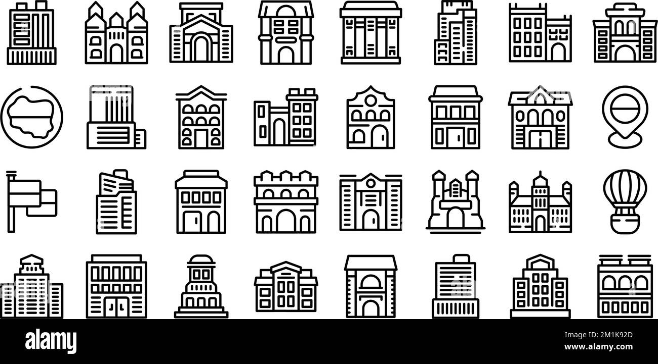 Les icônes de Varsovie définissent le vecteur de contour. Ville d'Europe. Bâtiment de capital Illustration de Vecteur