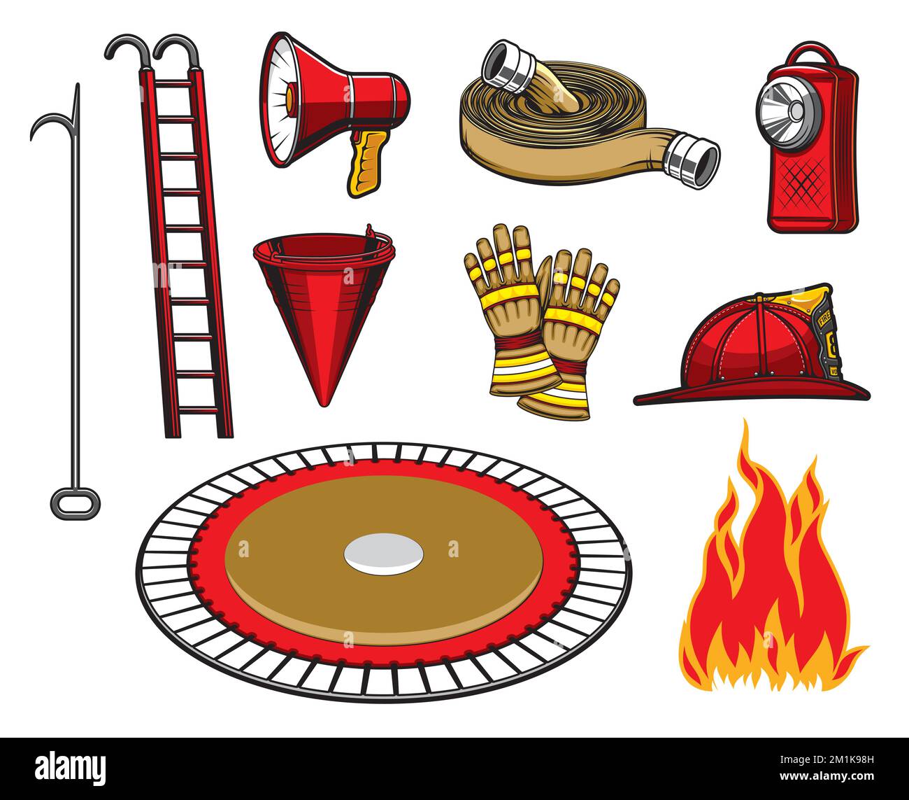 Articles de pompier, équipement de lutte contre l'incendie. Casque de leatherhead vectoriel isolé, tuyau d'eau-hydrant, tige de brochet et échelle, gants de pompier en cuir, haut-parleur et cône, trampoline, lampe de poche Illustration de Vecteur