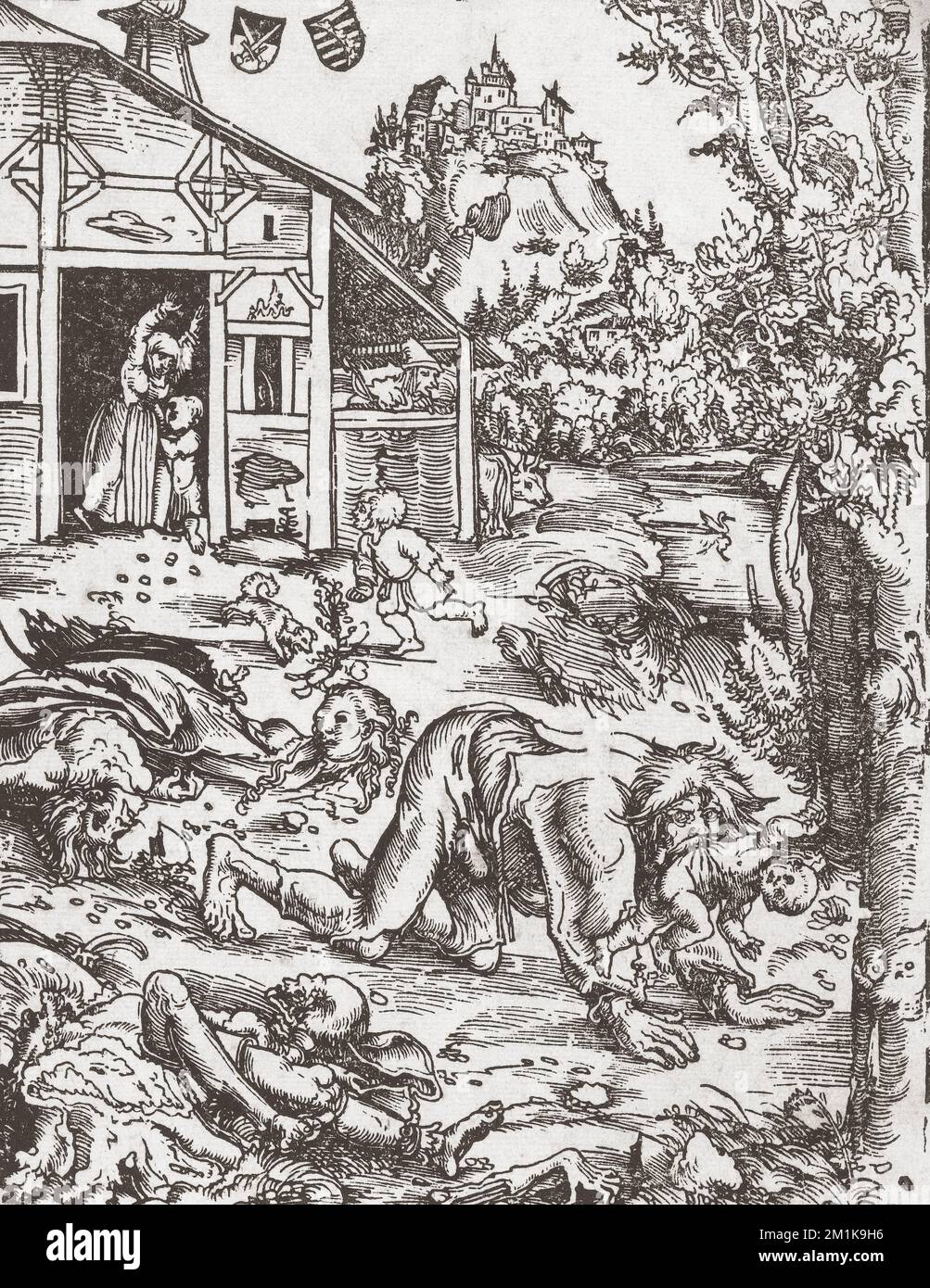 Un loup-garou se rend avec un enfant. D'un imprimé de Lucas Cranach The Elder. Banque D'Images