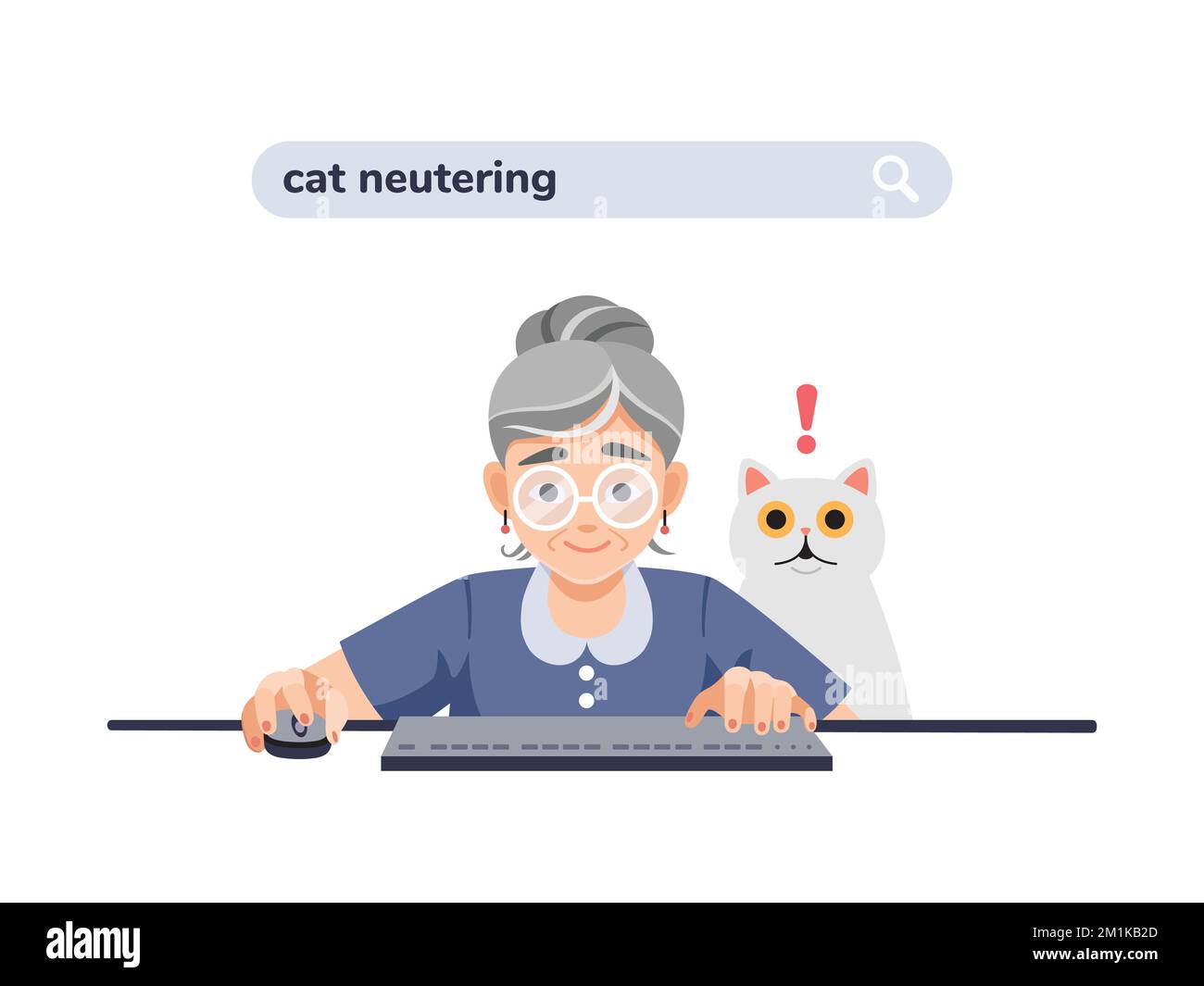 Vieille femme âgée, grand-mère à l'ordinateur cherche des informations sur la stérilisation de chat, castration. Le chat est surpris et effrayé. Illustration vectorielle colorée sur la stérilisation animale Illustration de Vecteur