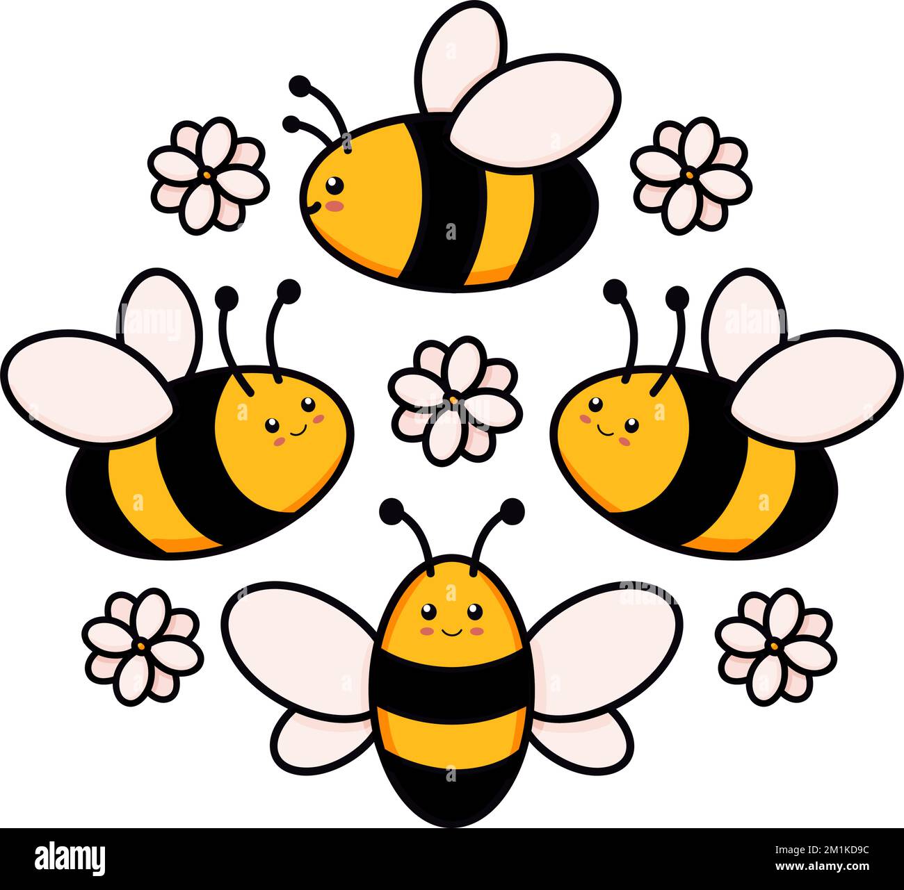 Ensemble mignon d'abeilles dans un cadre rond vecteur illustration dans le style Doodle. Collection colorée d'abeilles bourdonnantes en cercle, dessin d'enfants pour la conception d'icônes et de logo en jaune et noir de couleurs isolées sur blanc Illustration de Vecteur