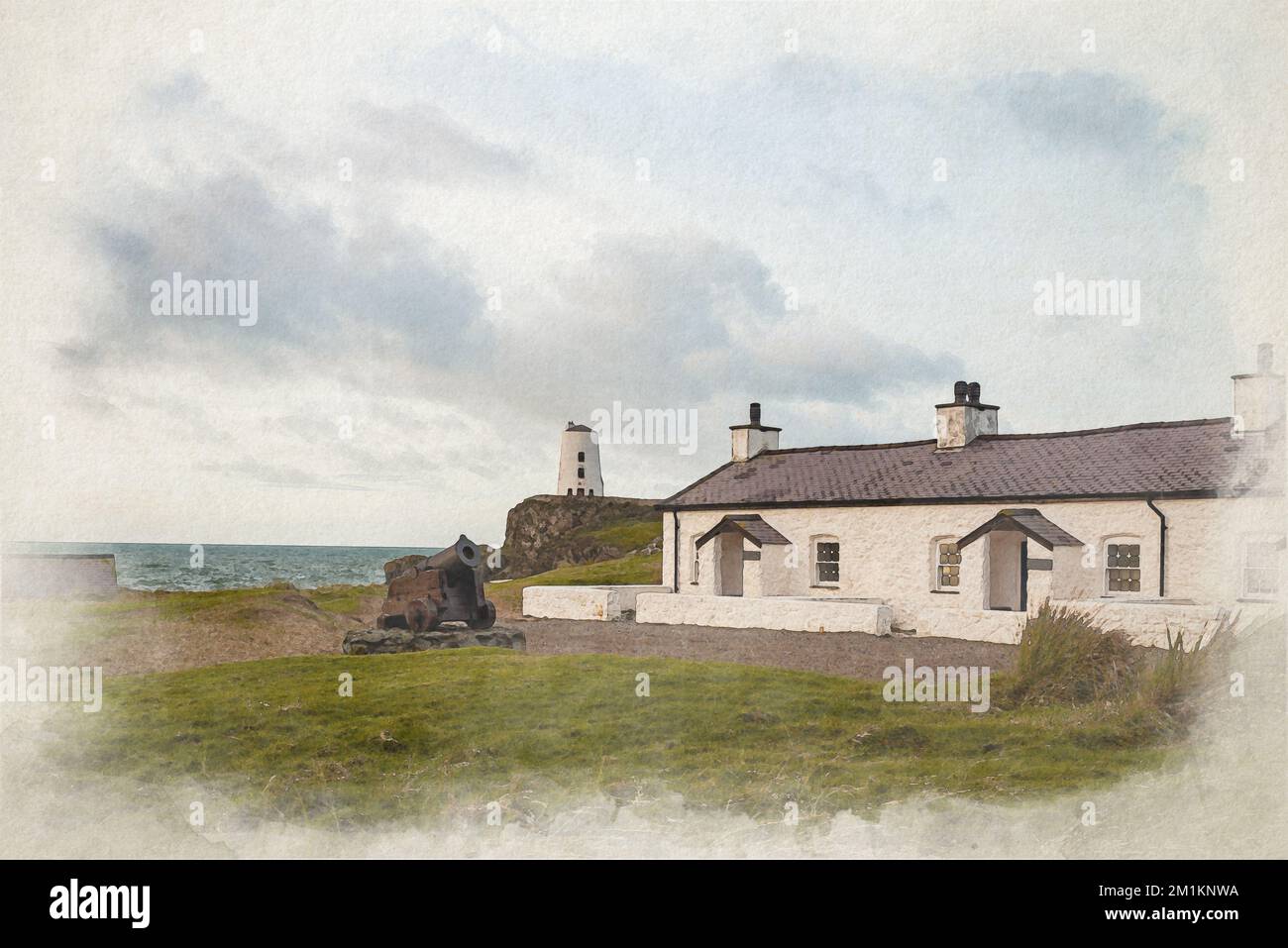 Peinture numérique aquarelle des cottages du pilote et traversée à Ynys Llanddwyn sur Anglesey, au pays de Galles, au Royaume-Uni Banque D'Images