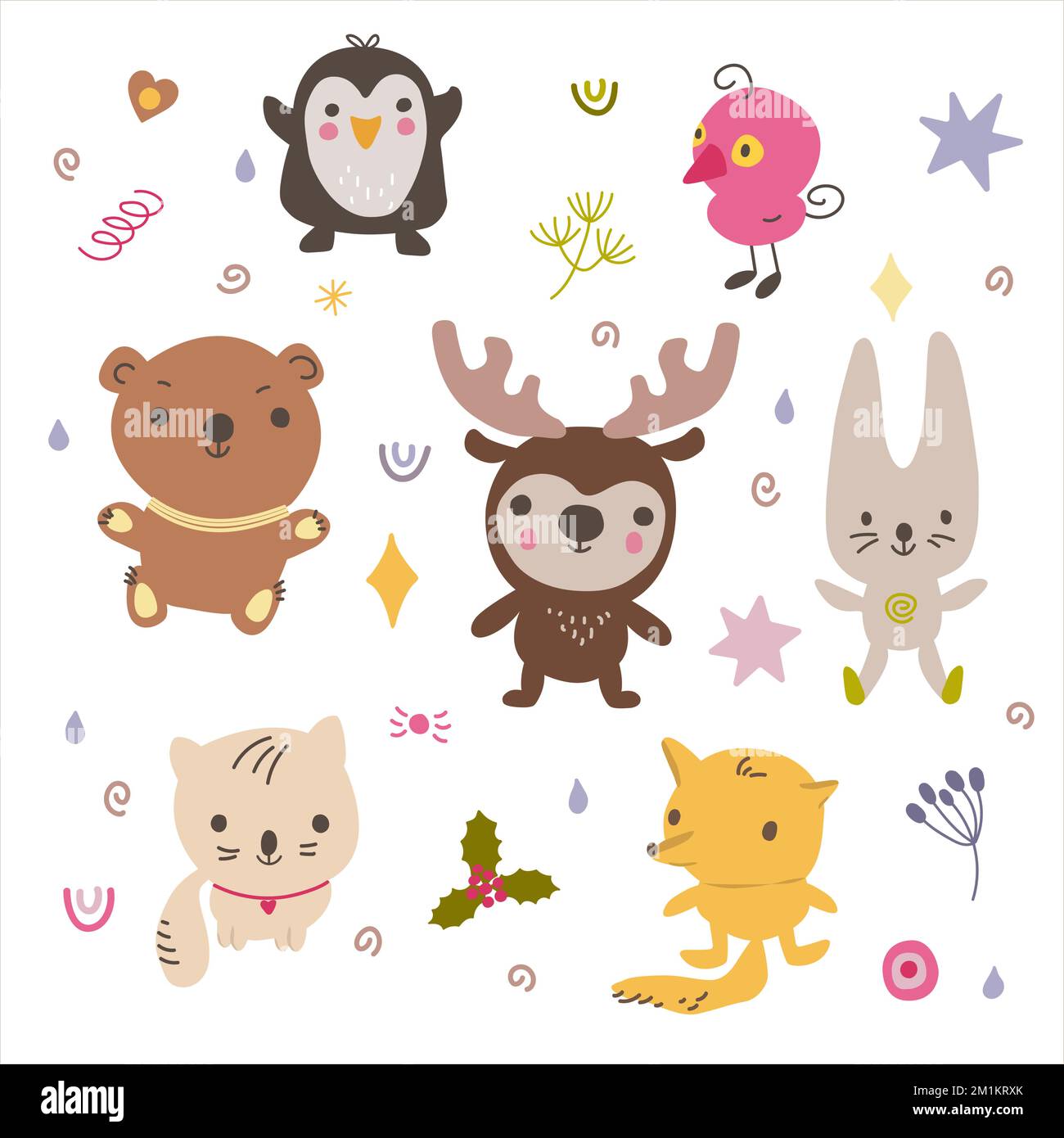 Collection animaux mignons dessinés à la main. Doodle illustration isolée avec les animaux. Illustration de Vecteur