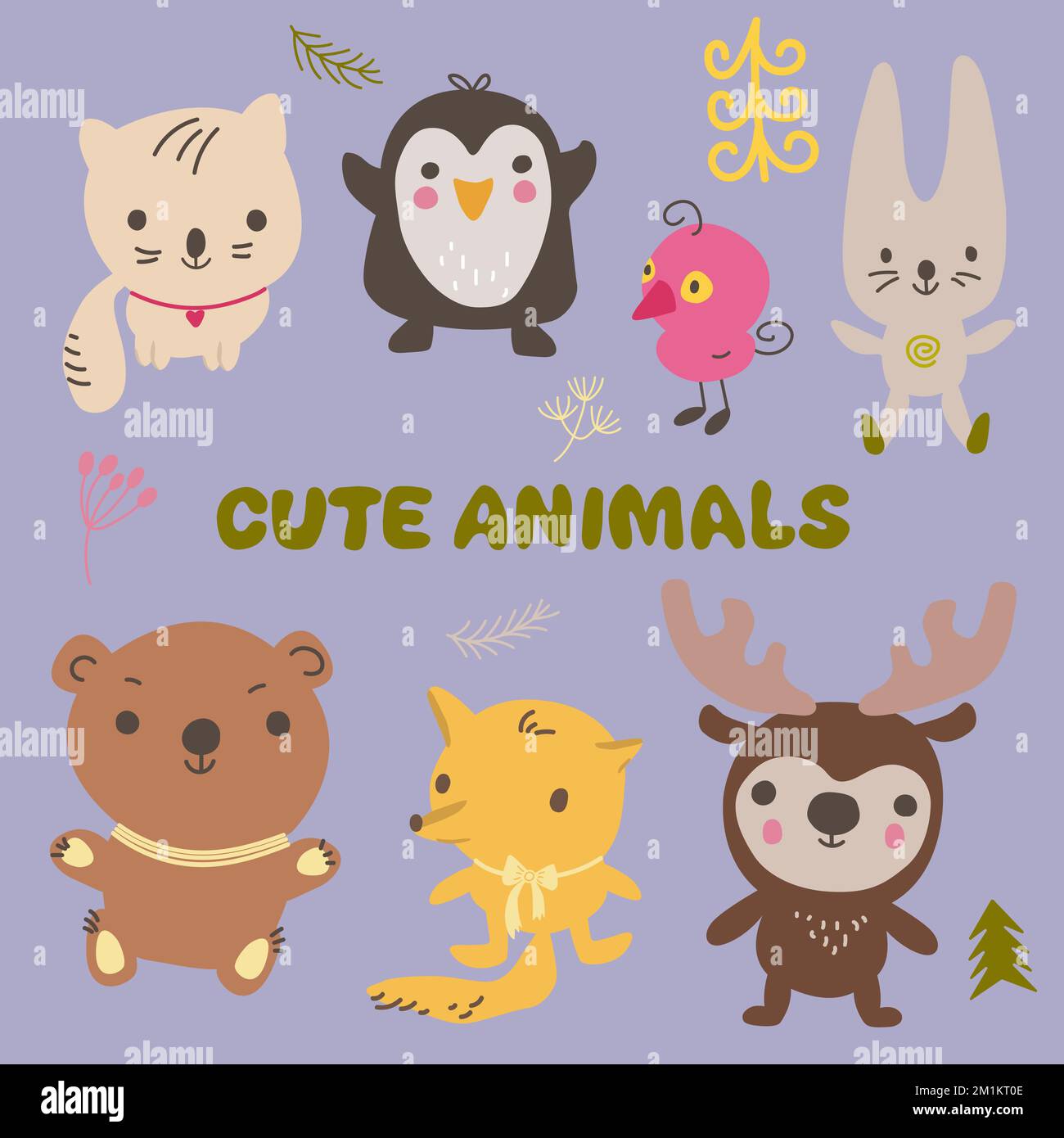Ensemble de style kawaii dessiné à la main mignon animal. Doodle illustration isolée avec les animaux. Illustration de Vecteur
