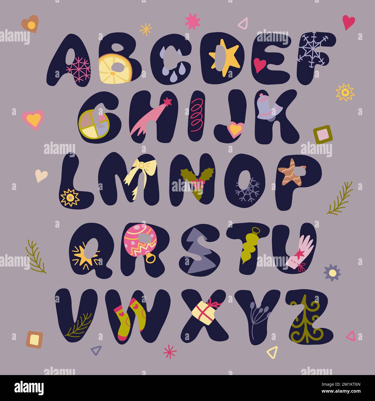 Alphabet de Noël et de nouvel an avec éléments de Noël. Illustration de Vecteur