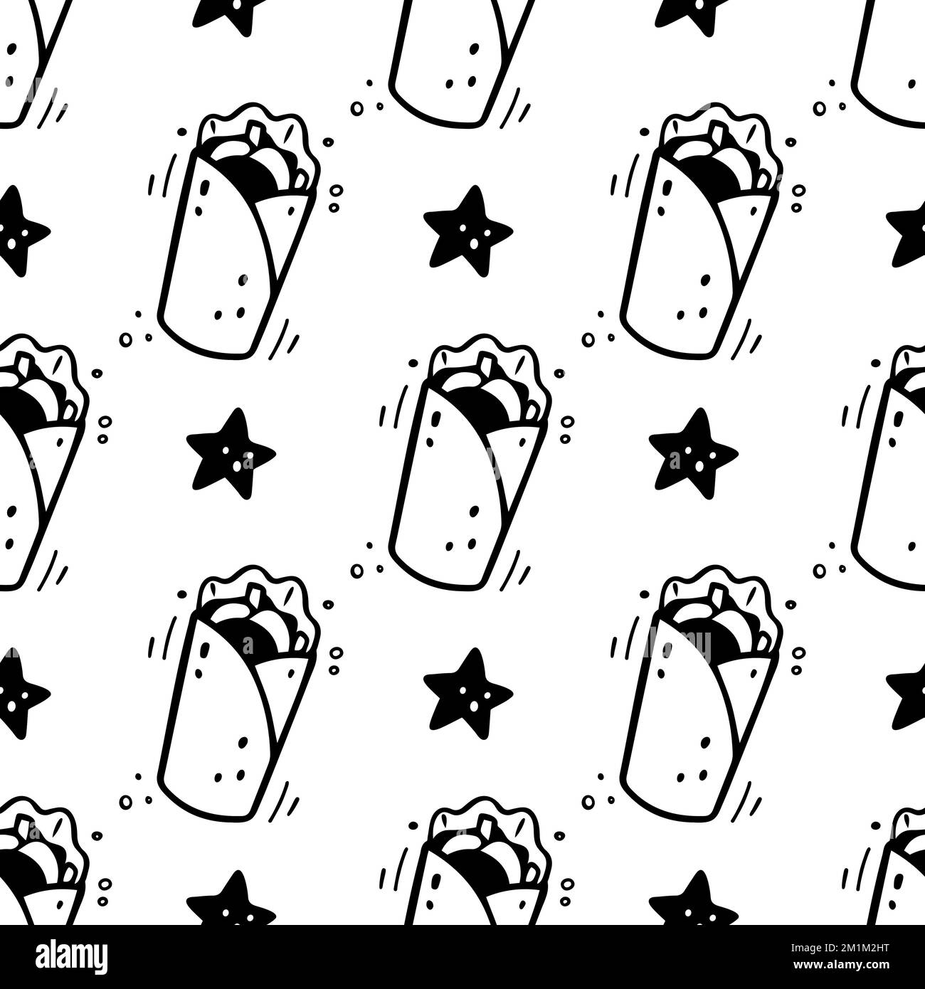 Motif Shawarma sans couture dessiné à la main. Style d'esquisse de la bande dessinée. Illustration de la restauration rapide Vector. Esquisse de hamburger et d'étoile. Illustration de Vecteur