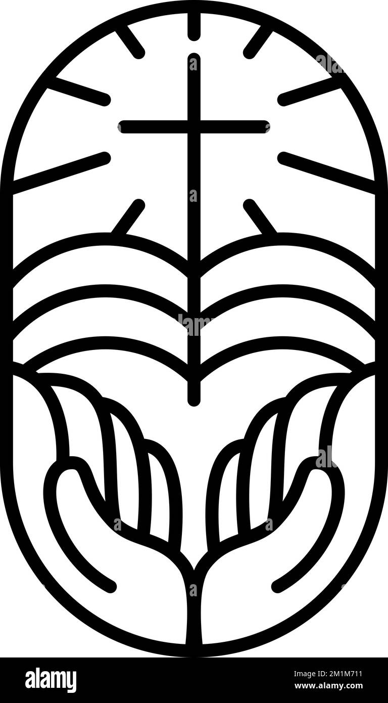 Croix de ligne de religion vectorielle, Bible de livre ouvert et mains dans l'église. illustration d'icône de logo isolée. Jésus Christ sur le calvaire est le christianisme central. Dieu Illustration de Vecteur