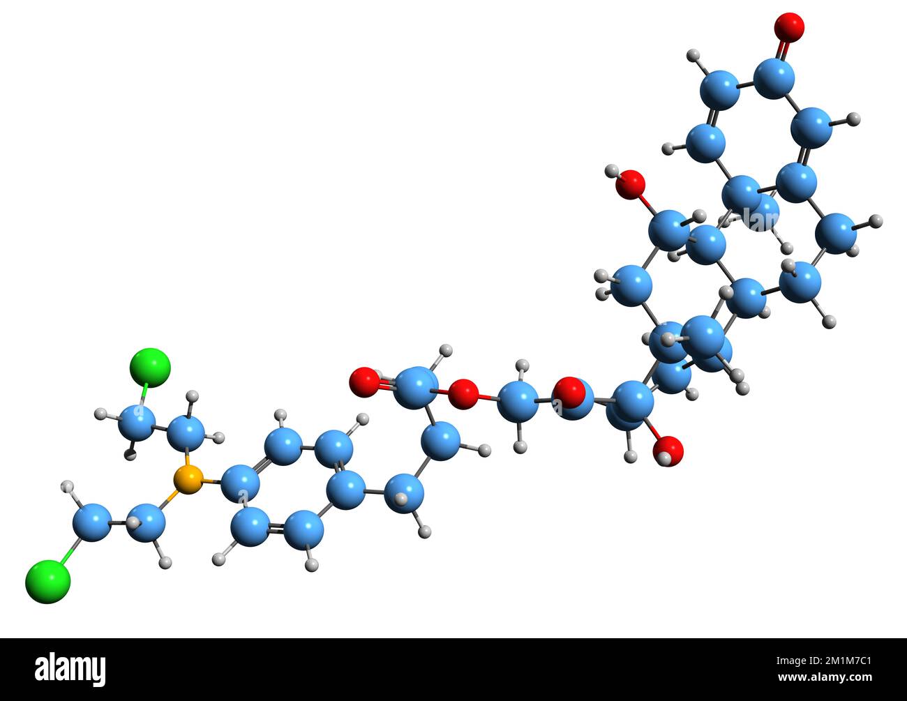3D image de la formule squelettique de la Prednitrustine - structure chimique moléculaire du médicament de chimiothérapie isolé sur fond blanc Banque D'Images