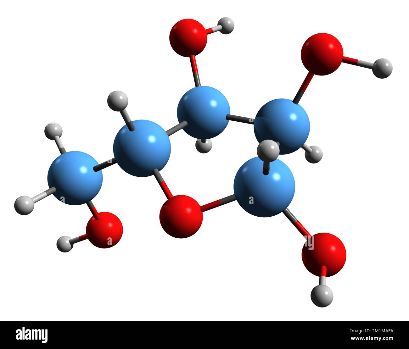 3D image de la formule squelettique du Ribose - structure chimique moléculaire du sucre pentose isolé sur fond blanc Banque D'Images