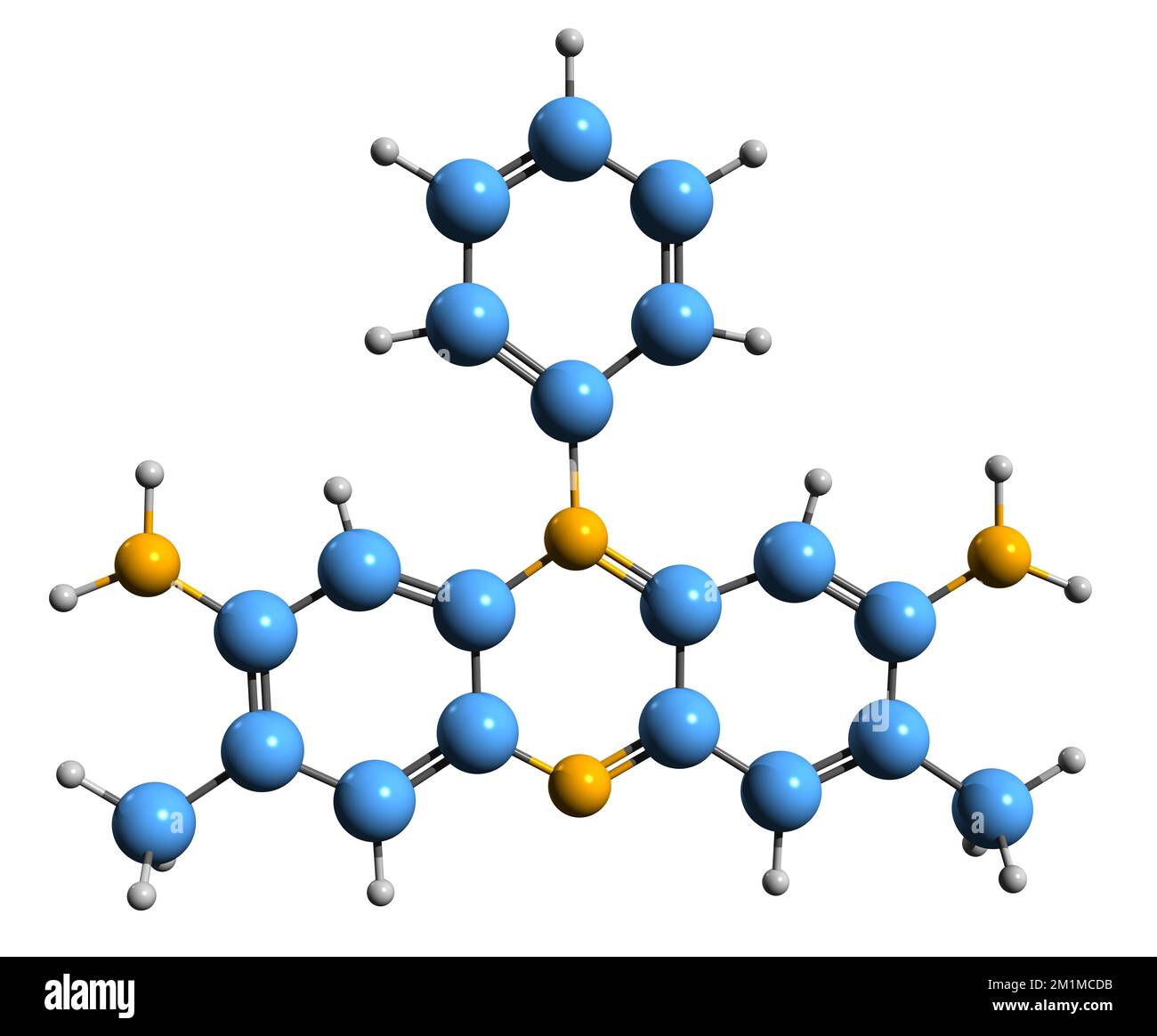 3D image de la formule squelettique Safranin - structure chimique moléculaire de la coloration biologique isolée sur fond blanc Banque D'Images