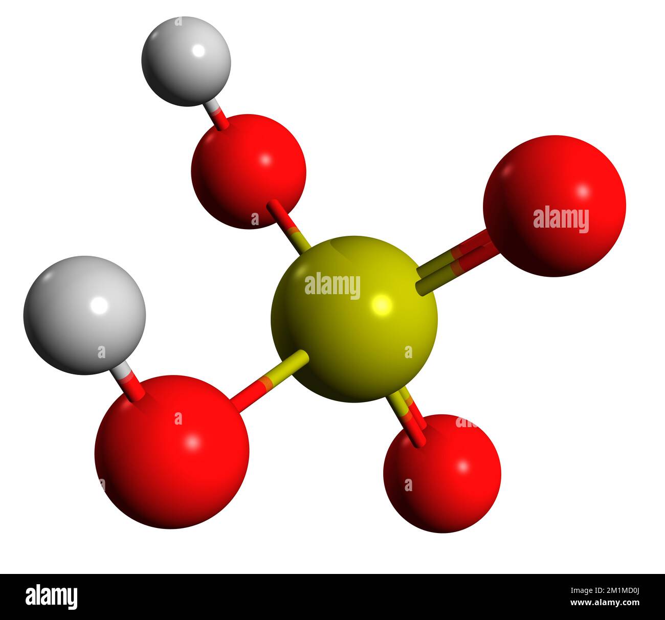 3D image de la formule squelettique d'acide sulfurique - structure chimique moléculaire de la substance inorganique isolée sur fond blanc Banque D'Images