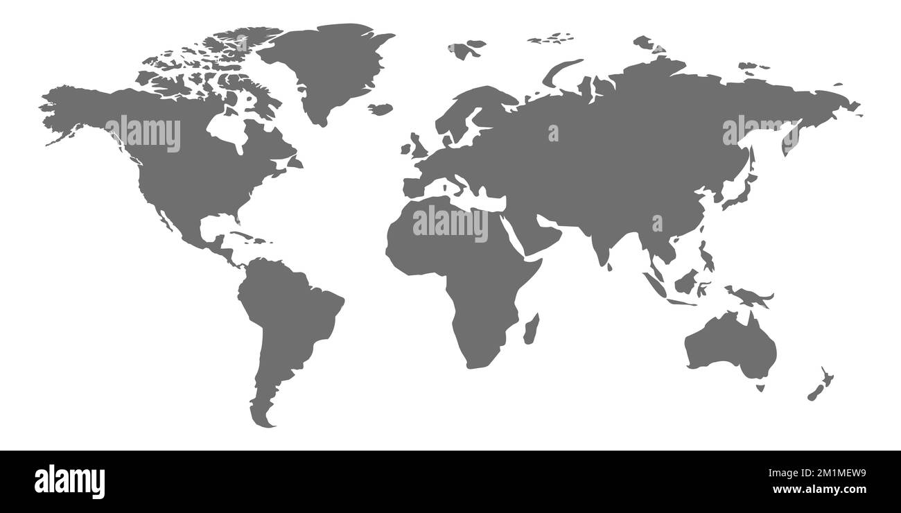 Une carte simplifiée du monde. Carte grise générique stylisée sur fond blanc. De style plat. Modèle de site Web, conception, couverture. Australie, Asie, Illustration de Vecteur