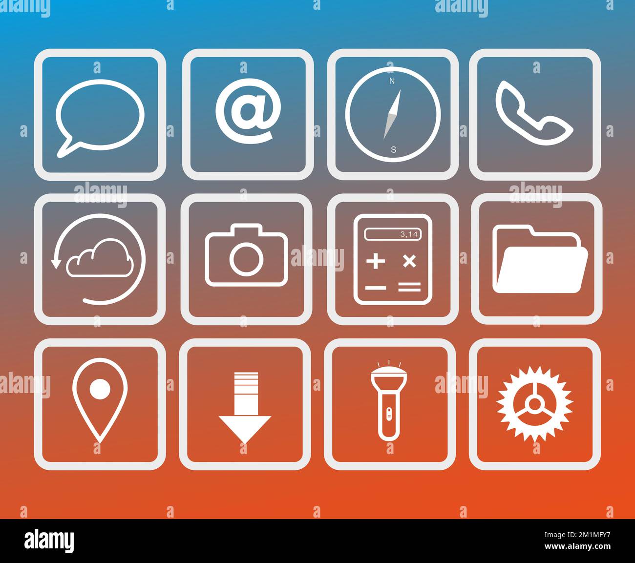 Ensemble d'icônes vectorielles téléphone, smartphone, e-mail, message, emplacement, Calculatrice, paramètres, boussole, appareil photo icônes de contour plat en illustration vectorielle blanche Illustration de Vecteur