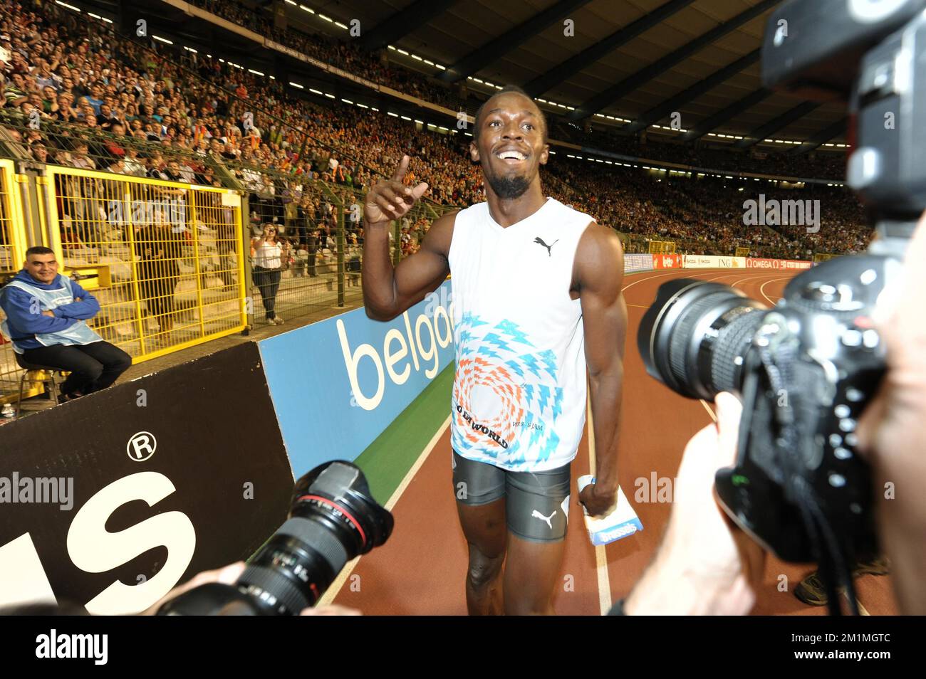 20110916 - BRUXELLES, BELGIQUE : le boulon Usain de la Jamaïque, photographié après le 100m masculin, lors de la rencontre Memorial Ivo Van Damme - Diamond League Athletics, vendredi 16 septembre 2011 à Bruxelles. BELGA PHOTO YORICK JANSENS Banque D'Images