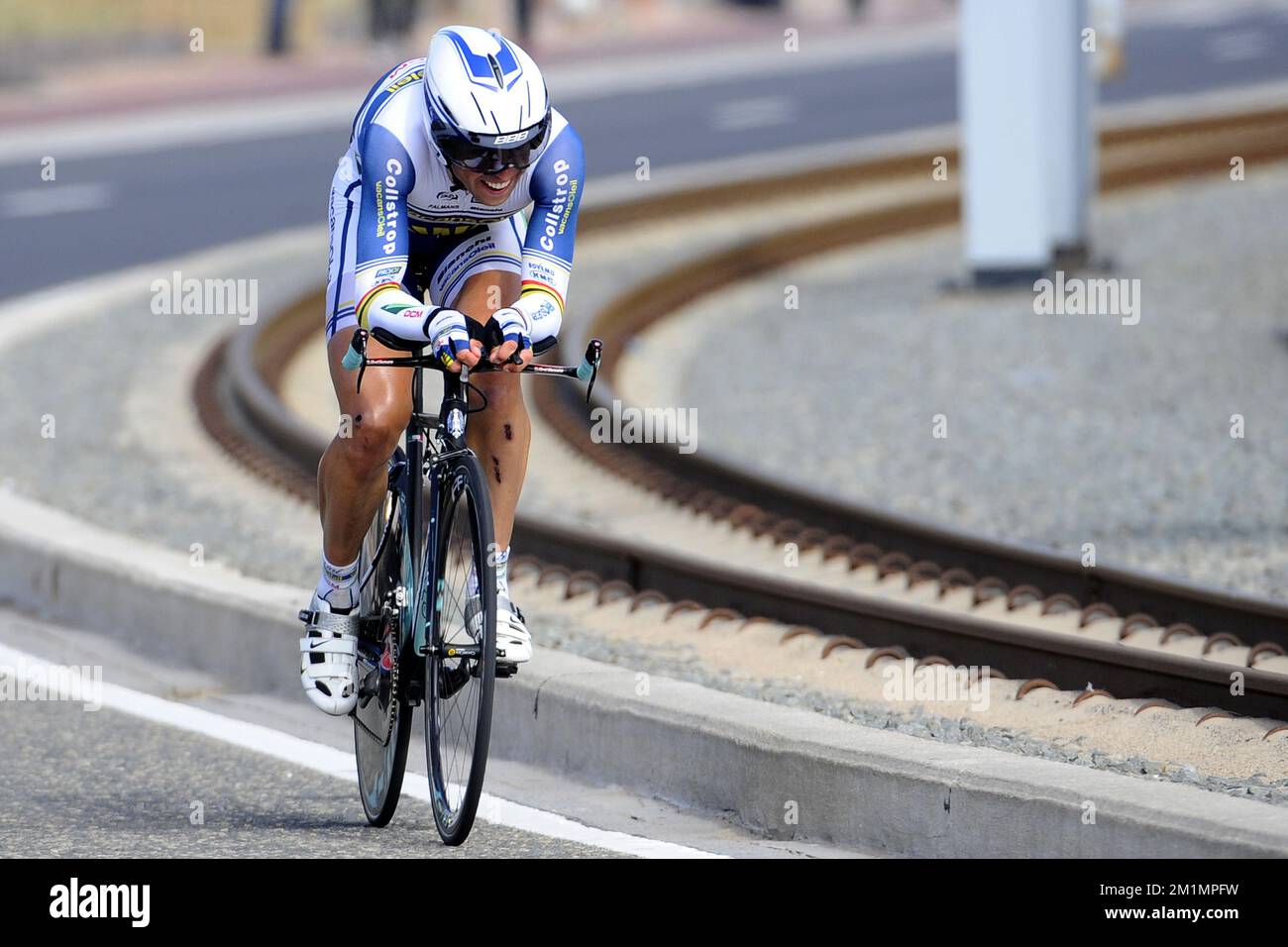 20120329 - DE PANNE, BELGIQUE : Stijn Devolder belge de Vacansoleil-DMC deuxième partie de la troisième étape de la course cycliste Driedaagse de panne - Koksijde, essai de 14,7 km de panne à panne, jeudi 29 mars 2012. BELGA PHOTO DIRK WAEM Banque D'Images