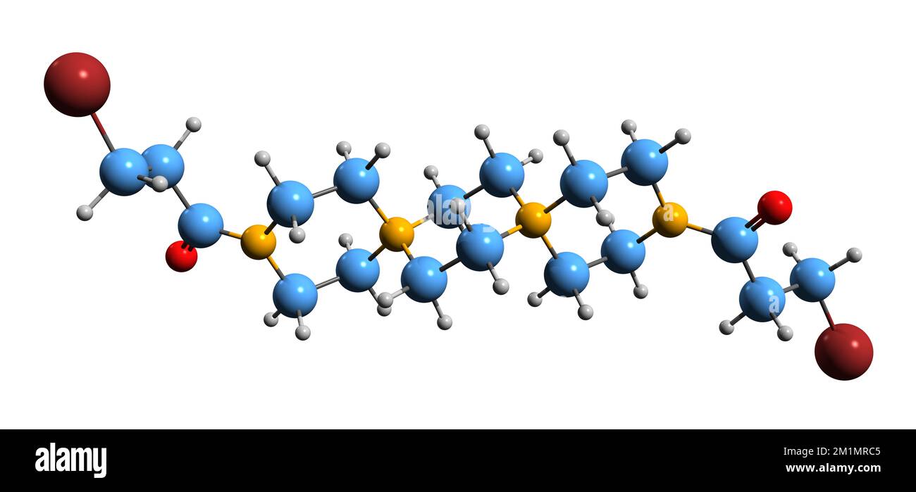 3D image de la formule du squelette de spirobrome - structure chimique moléculaire du chlorure de Dibrospidium isolé sur fond blanc Banque D'Images