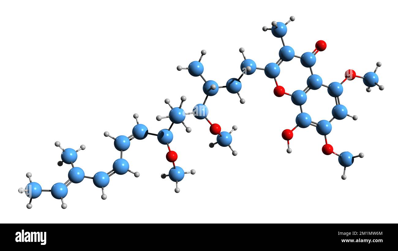 3D image de la formule squelettique Stigmatellin - structure chimique moléculaire du fongicide isolé sur fond blanc Banque D'Images