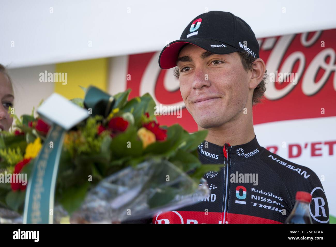 20120723 - BEAUFAYS, BELGIQUE: Italien Giacomo Nizzolo de Team RadioShack Nissan Trek fête sur le podium après avoir remporté la troisième étape de la course cycliste Tour de Wallonie, à 185,9 km de Marche-en-Famenne à Beaufays, lundi 23 juillet 2012. BELGA PHOTO NICOLAS LAMBERT Banque D'Images