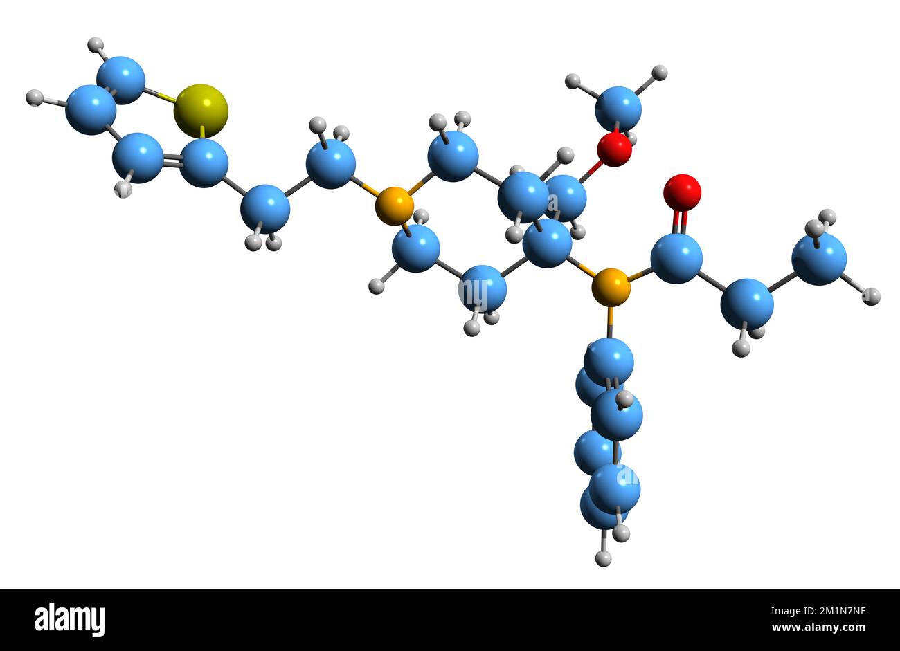 3D image de la formule squelettique du sufentanil - structure chimique moléculaire du médicament analgésique opioïde synthétique isolé sur fond blanc Banque D'Images