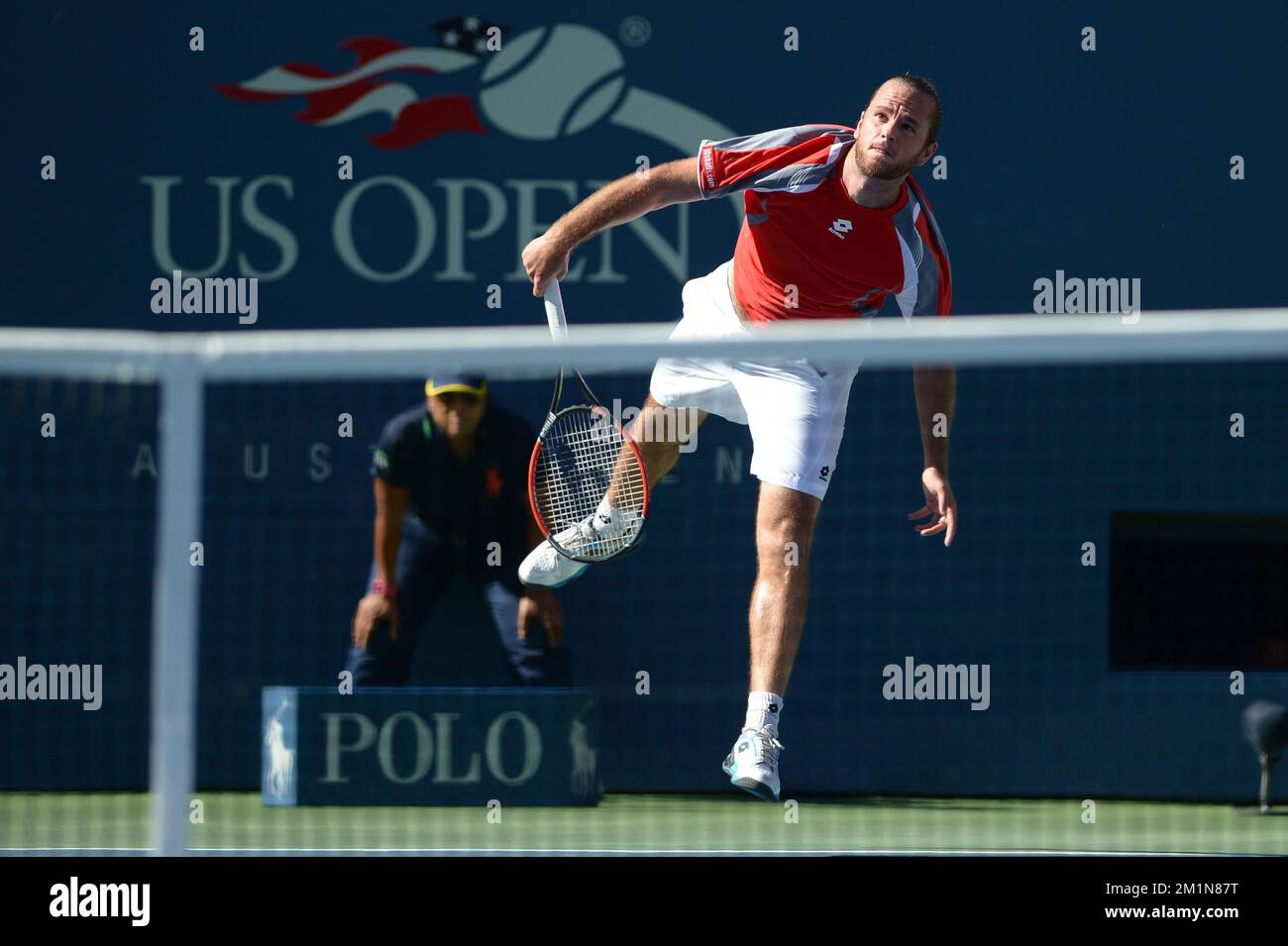 20120829 - NEW YORK, ETATS-UNIS: Xavier Malisse Belge photographié lors du deuxième tour masculin entre Xavier Malisse Belge et US John Isner, au tournoi de tennis américain Open Grand Chelem, à Flushing Meadows, à New York City, Etats-Unis, le mercredi 29 août 2012. BELGA PHOTO YORICK JANSENS Banque D'Images