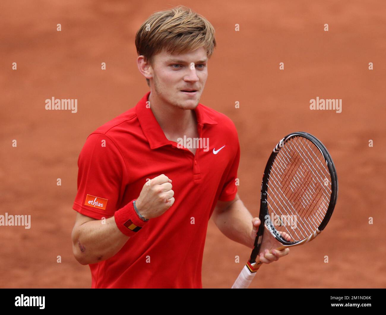 20120914 - BRUXELLES, BELGIQUE: David Goffin Belge célèbre après avoir remporté le deuxième match de la coupe Davis entre la Belgique et la Suède, pour le Groupe mondial au Royal Primerose tennis Club à Bruxelles, le vendredi 14 septembre 2012. Le belge David Goffin (ATP 56) et le suédois Andreas Vinciguerra jouent le deuxième du cinquième match. BELGA PHOTO VIRGINIE LEFOUR Banque D'Images