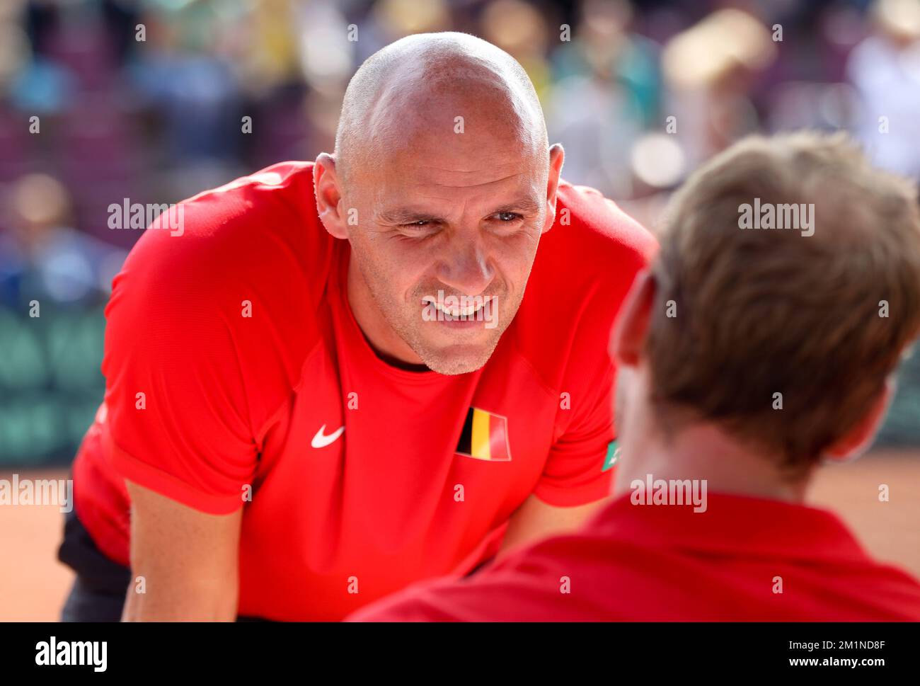 20120916 - BRUXELLES, BELGIQUE: Le capitaine de la coupe Davis Johan Van Herck et le Belge Steve Darcis photographiés pendant le cinquième match de la coupe Davis entre la Belgique et la Suède, pour le Groupe mondial au Royal Primerose tennis Club à Bruxelles, dimanche 16 septembre 2012. Belge Steve Darcis joue le dernier des cinq jeux contre le suédois Andreas Vinciguerra. La Belgique a remporté les trois premiers matchs et est qualifiée pour le groupe mondial de la coupe Davis. BELGA PHOTO VIRGINIE LEFOUR Banque D'Images