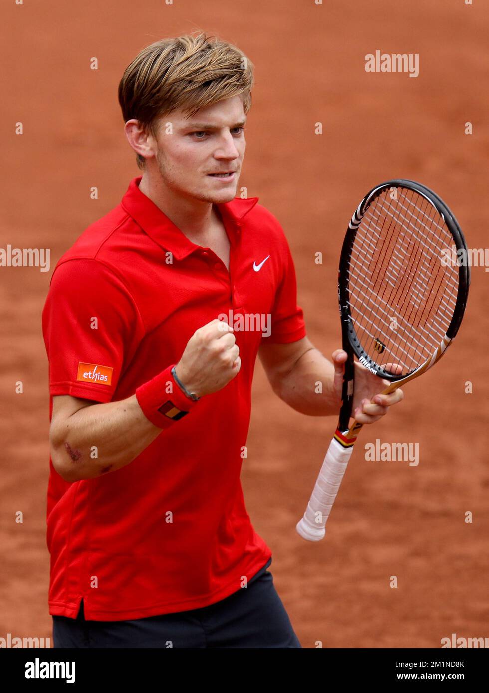 20120914 - BRUXELLES, BELGIQUE: David Goffin Belge célèbre après avoir remporté le deuxième match de la coupe Davis entre la Belgique et la Suède, pour le Groupe mondial au Royal Primerose tennis Club à Bruxelles, le vendredi 14 septembre 2012. Le belge David Goffin (ATP 56) et le suédois Andreas Vinciguerra jouent le deuxième du cinquième match. BELGA PHOTO VIRGINIE LEFOUR Banque D'Images