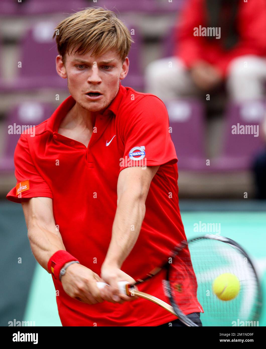 20120914 - BRUXELLES, BELGIQUE: David Goffin belge en action pendant le deuxième match de la coupe Davis entre la Belgique et la Suède, pour le Groupe mondial au Royal Primerose tennis Club à Bruxelles, le vendredi 14 septembre 2012. David Goffin belge (ATP 56) et Andreas Vinciguerra suédois jouent le deuxième des cinq matchs. BELGA PHOTO VIRGINIE LEFOUR Banque D'Images