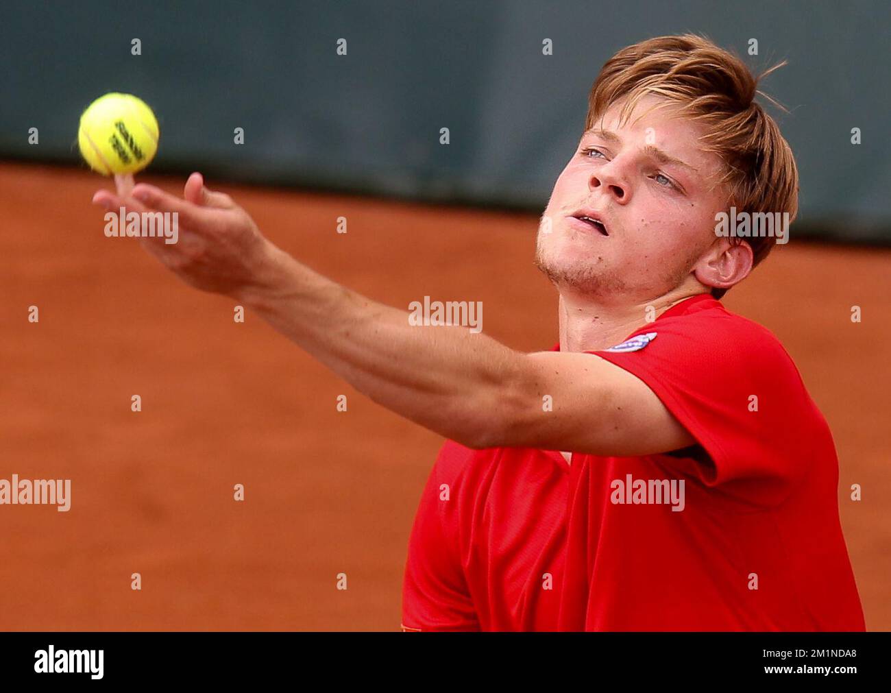20120914 - BRUXELLES, BELGIQUE: David Goffin belge en action pendant le deuxième match de la coupe Davis entre la Belgique et la Suède, pour le Groupe mondial au Royal Primerose tennis Club à Bruxelles, le vendredi 14 septembre 2012. David Goffin belge (ATP 56) et Andreas Vinciguerra suédois jouent le deuxième des cinq matchs. BELGA PHOTO VIRGINIE LEFOUR Banque D'Images